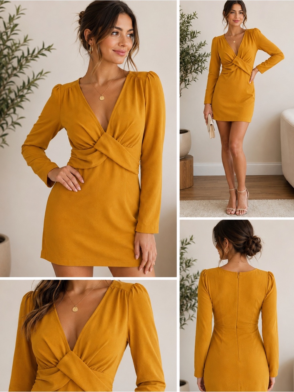 City Studio Twist-Front Long Sleeve Mini Dress in Mustard